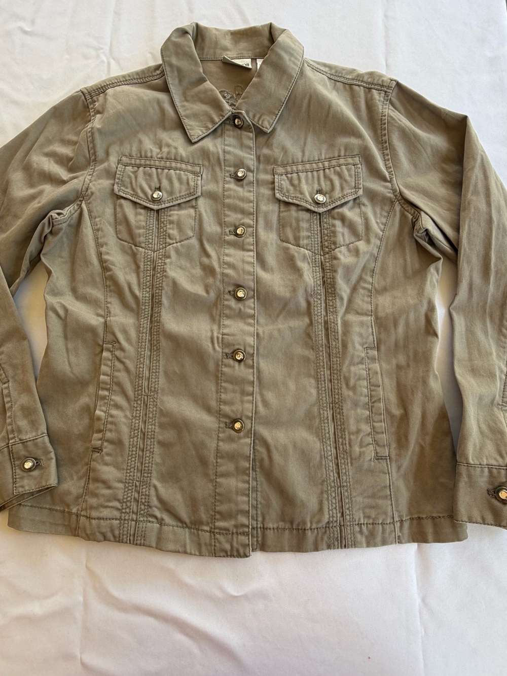 Chicos Size 1 Button Up Embellished Rhinestone Embroidered Khaki Green Jacket - Picture 12 of 12